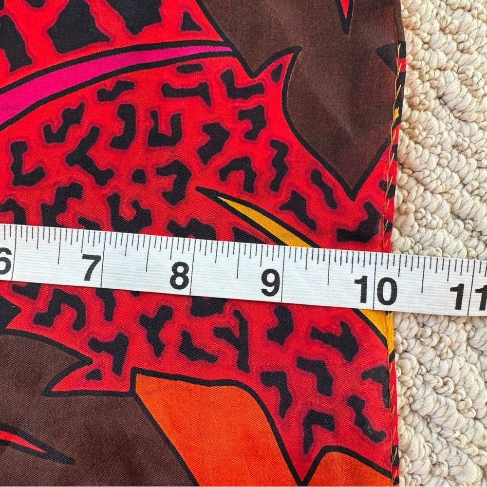 Vintage Tomato Red Black Bright Yellow Silk Oblong Scarf Hawaiian Floral Print - Picture 9 of 9